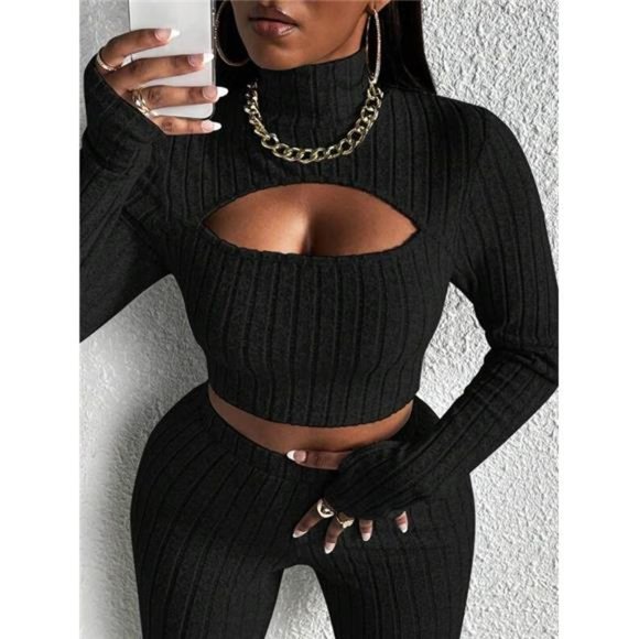 Cut Out High Neck Crop Tee & Split Hem Pants - Picture 3 of 5